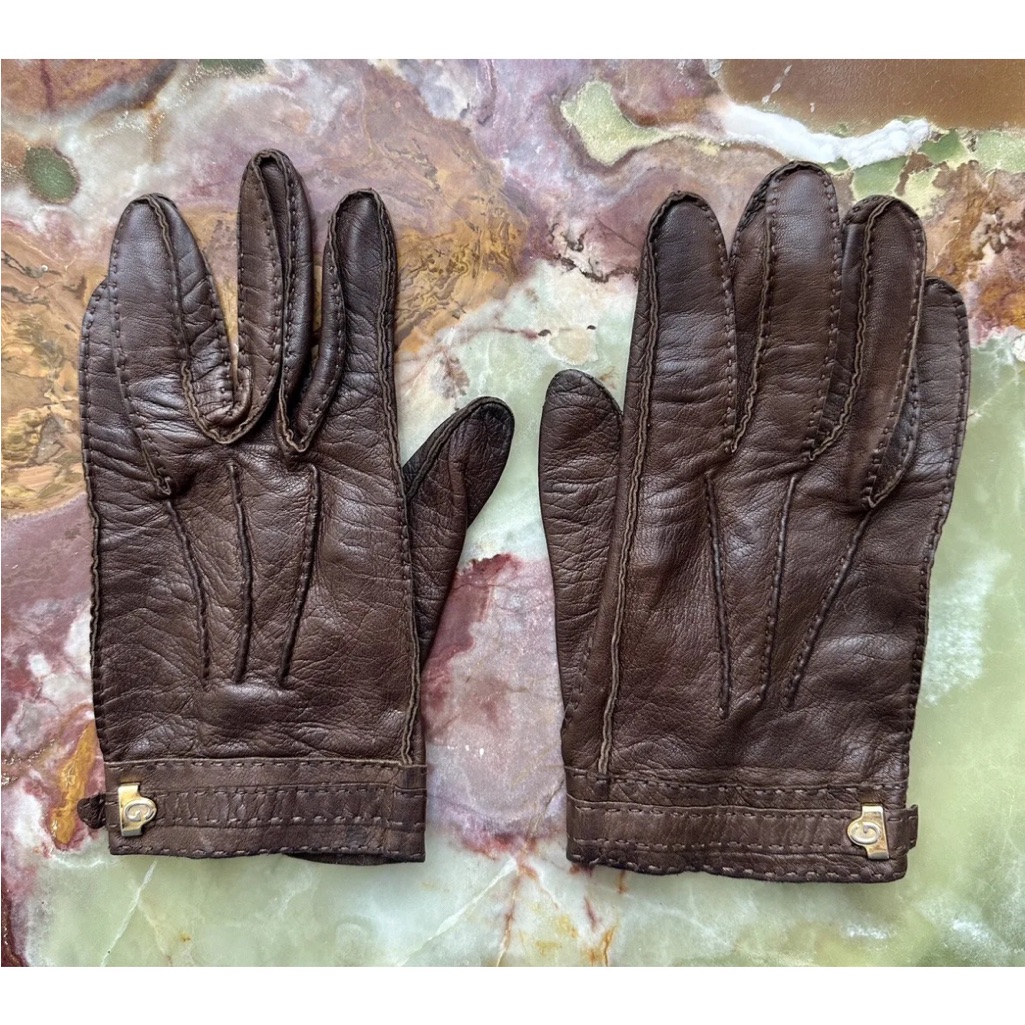 Rare Vintage 1970s Gucci Italy Ladies Dark Brown Leather Gloves Gold Logo Euc